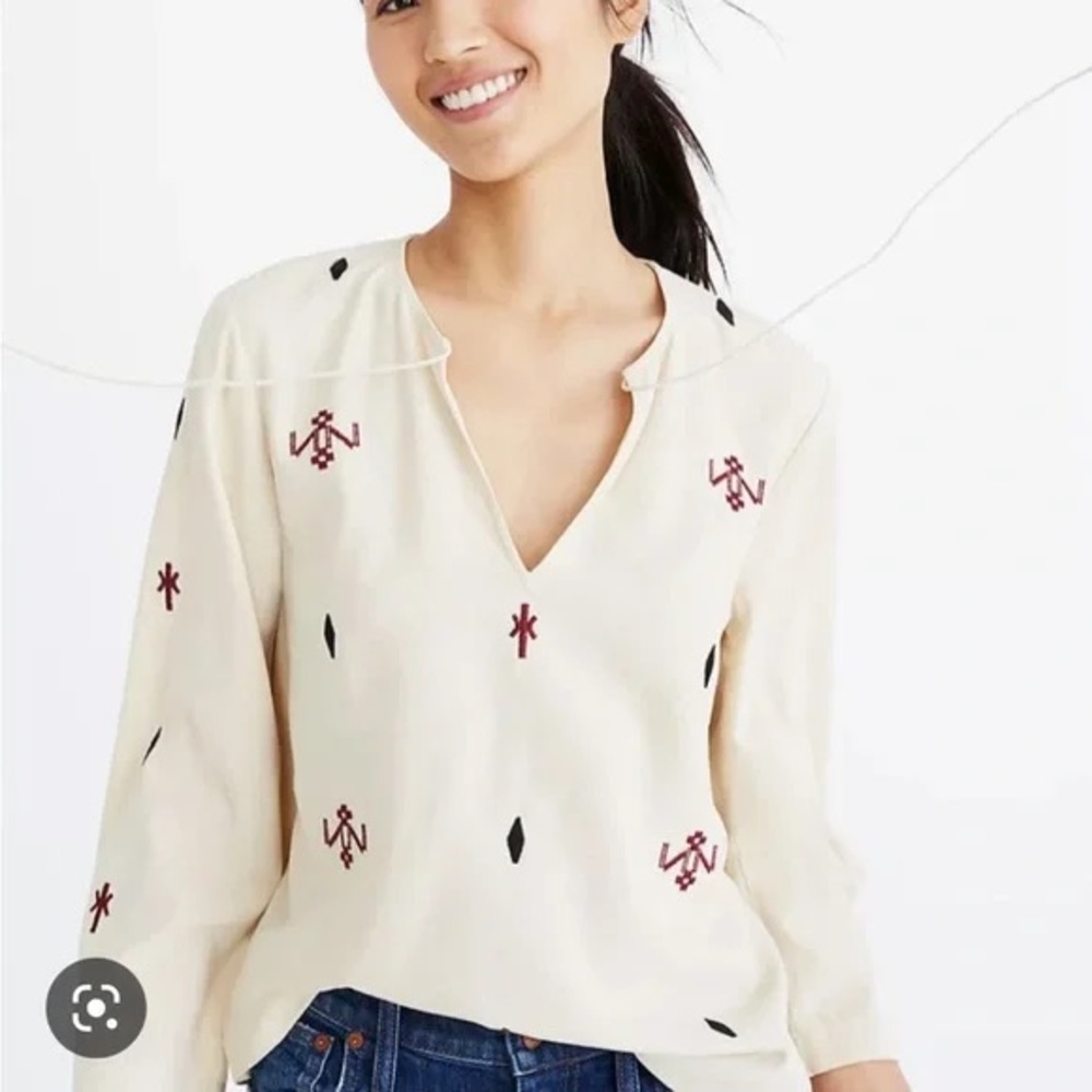 Madewell Silk Cream Top with Red and Black Embroidery